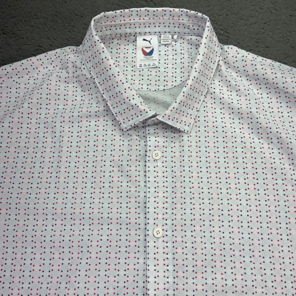 Puma Golf Volition Shirt Mens XXL White Red Blue Star Print Button Down SS